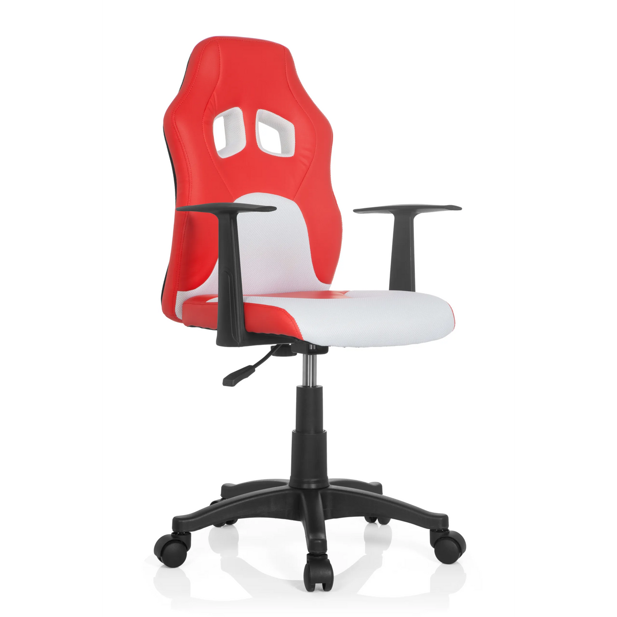 Rød-hvid TEEN GAME AL drejestol til børn med armlæn og sort femstjernet fodkryds med hjul fra hjh OFFICE – 360-graders visning (skråt forfra 40°)