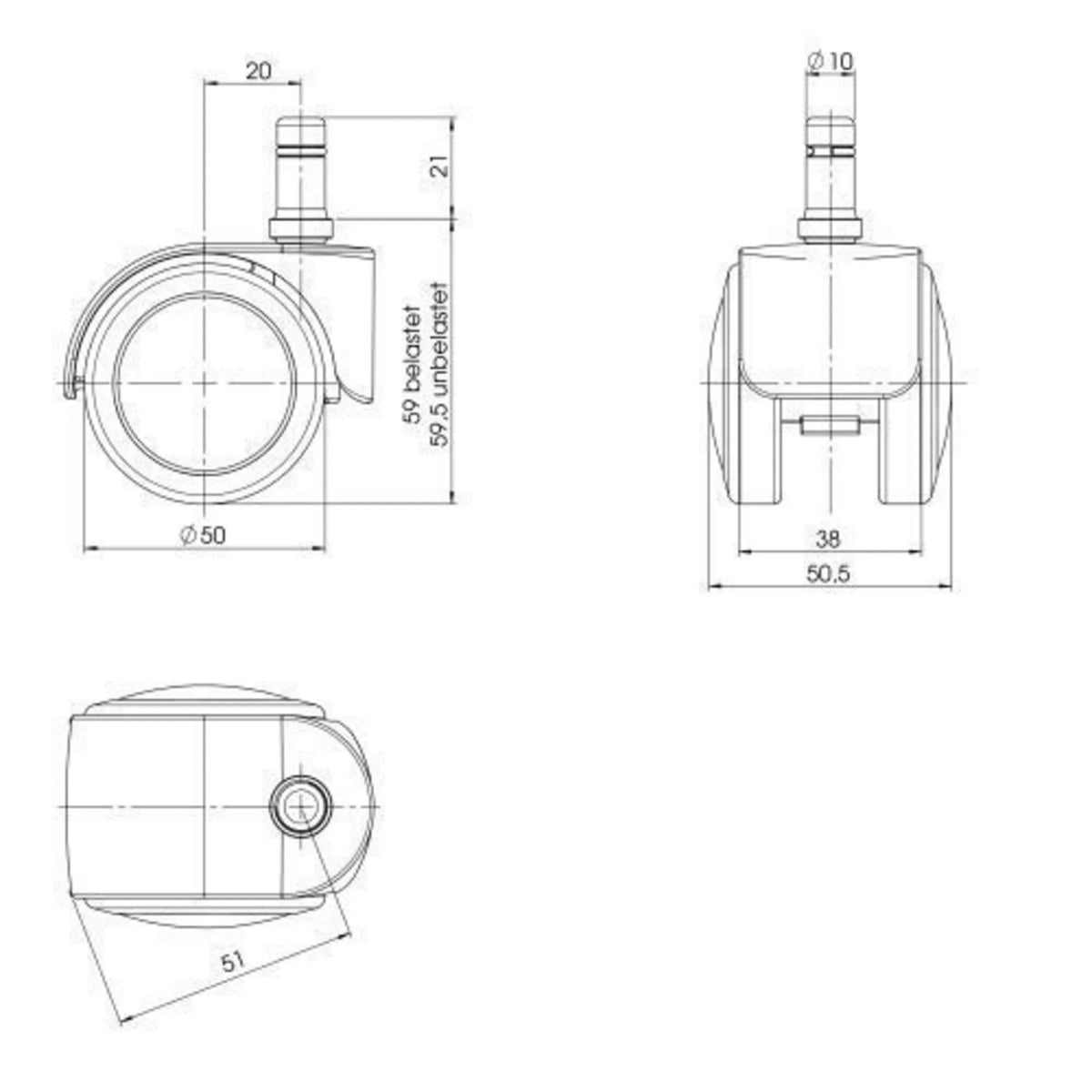 Teknisk tegning af stolehjul 5x ROLO EASY 10mm/50mm med en diameter på 50 mm fra hjh OFFICE