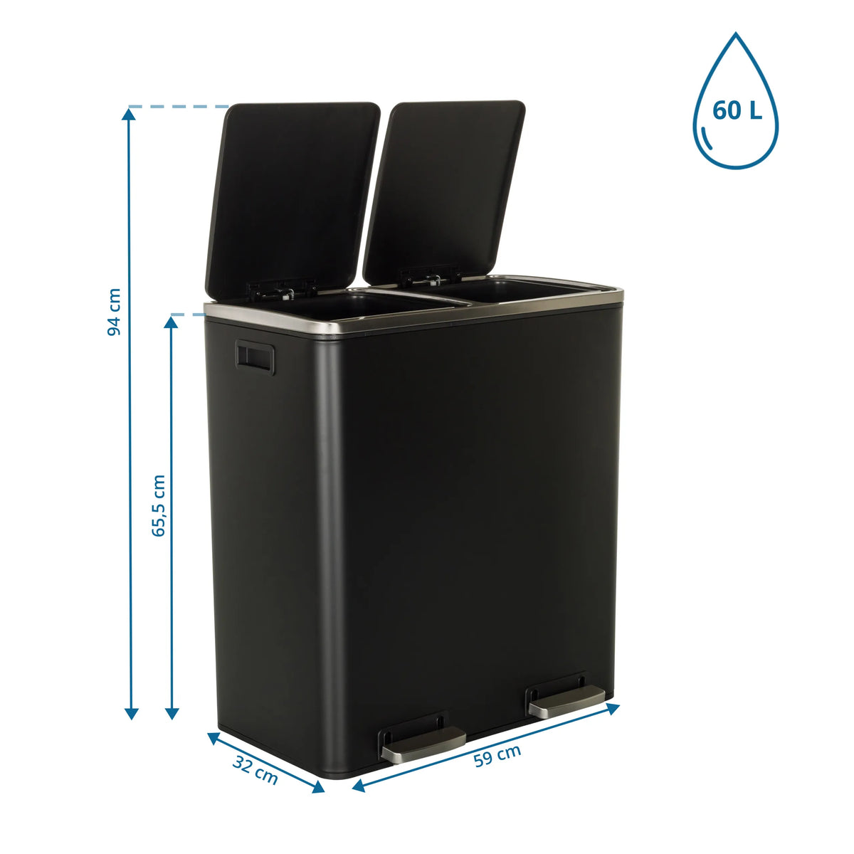 Måltegning af Papirkurv CLEAN XI med en højde på 94 cm og en kapacitet på 60 l fra hjh OFFICE