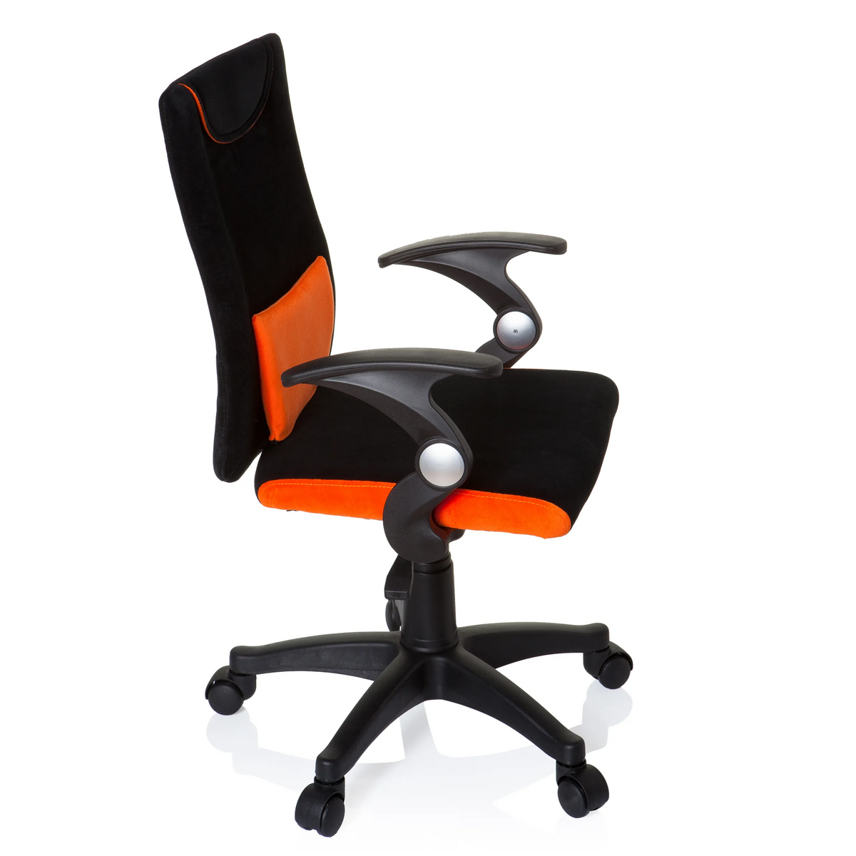 Sort-orange Drejestol til børn KIDDY PRO AL med lændepude og femhjulet fodkryds fra hjh OFFICE – 360-graders visning (sideprofil 80°)