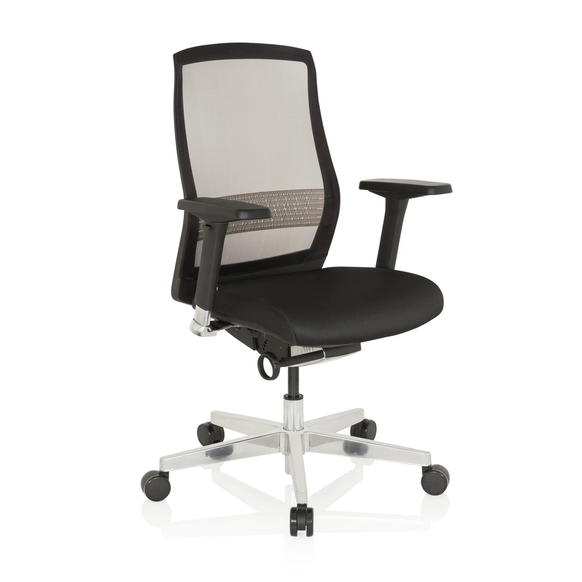 Sort High End kontorstol FOUNTAINE med netryg og femhjulet fodkryds fra hjh OFFICE – 360-graders visning (skråt forfra 40°)