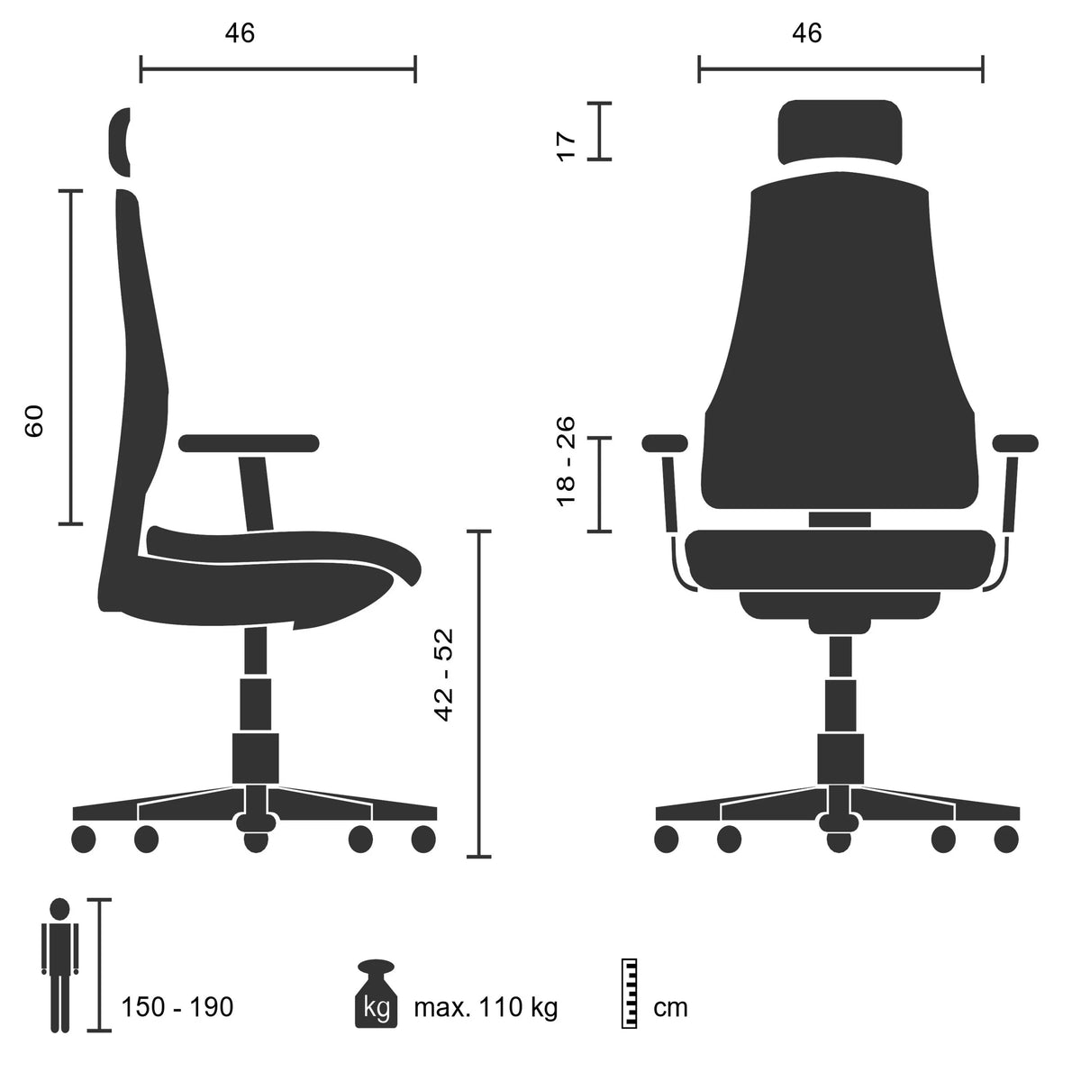 Teknisk tegning af Professionel kontorstol CAYEN med en bredde på 46 cm fra hjh OFFICE