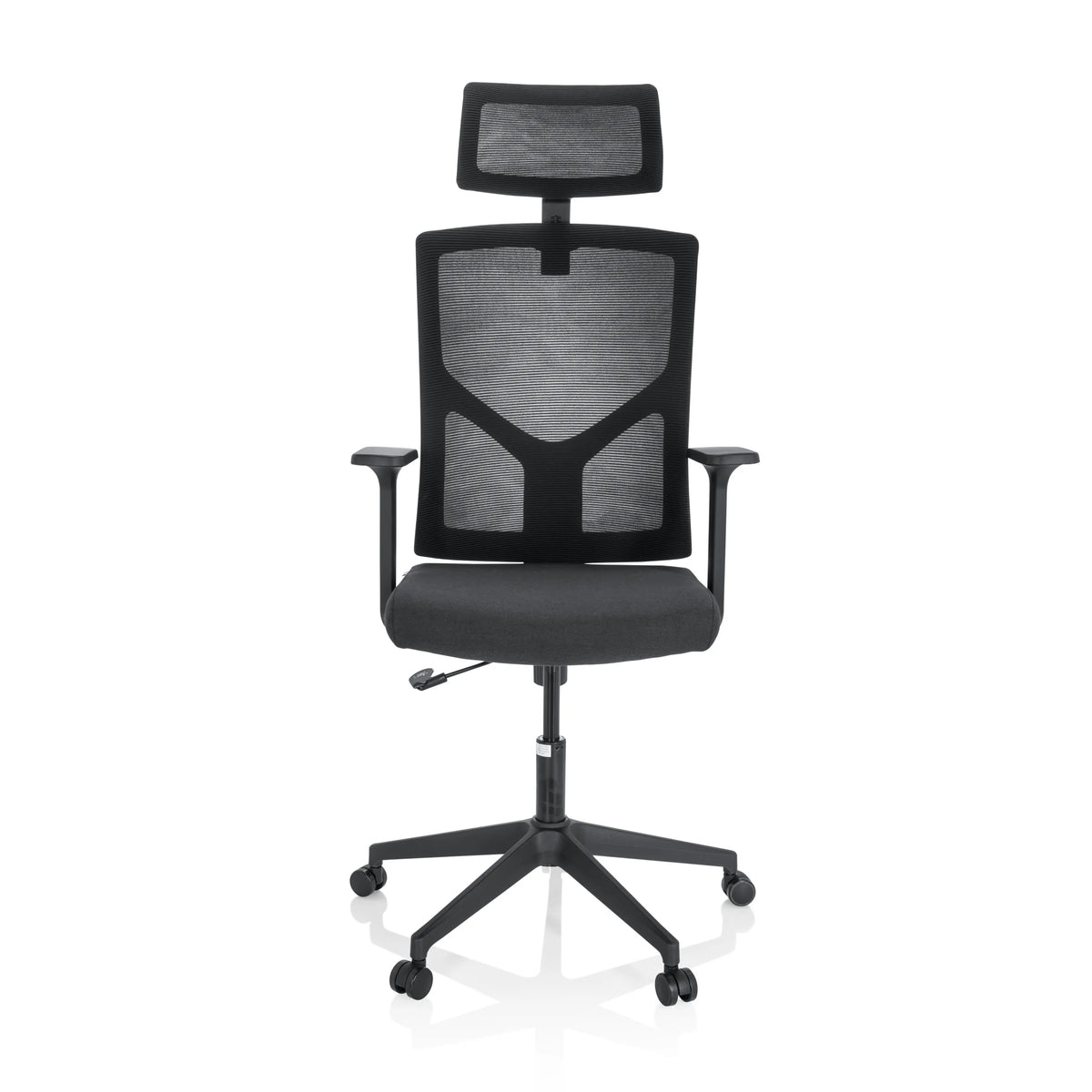 Sort Home Office kontorstol BRETON B med netryg, nakkestøtte og femhjulet fodkryds fra hjh OFFICE – 360-graders visning (forfra 0°)