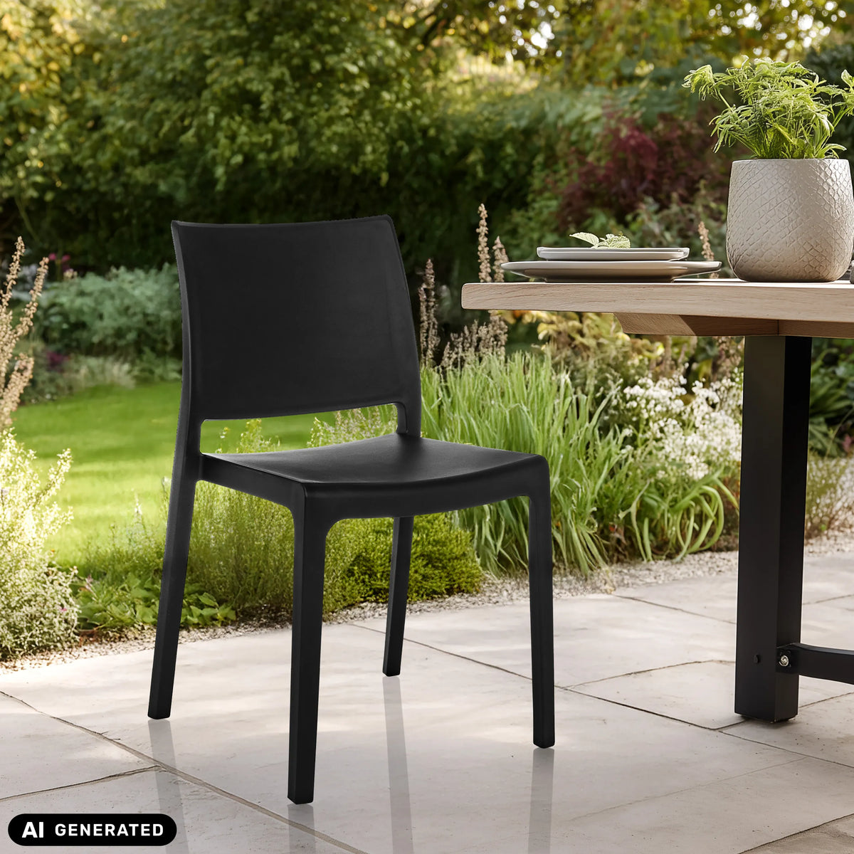 Sort T37 V udendørs stol med glat overflade på en lys terrasse i haven fra hjh LIVING (AI-genereret billede)