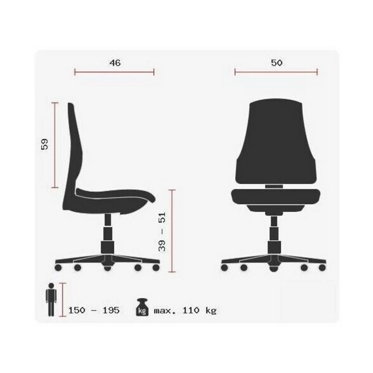 Technische Zeichnung des Profi-Bürostuhls HEAD POINT SY mit einer maximalen Belastbarkeit von 110 kg von Topstar