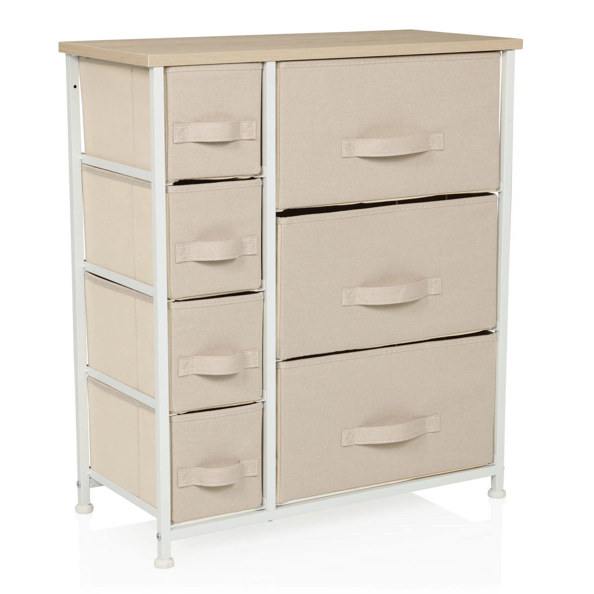 Beige Kommode FOLDRESS B med syv stofskuffer og hvidt stel fra hjh LIVING – 360-graders visning (skråt forfra 30°)