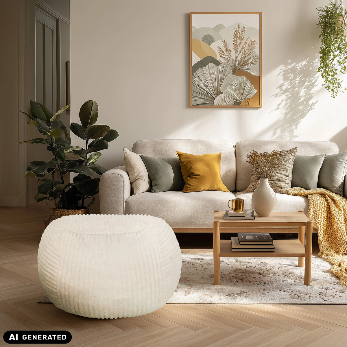 Beige sækkestol Sitzolo R i en stue fra hjh LIVING (AI-genereret billede)