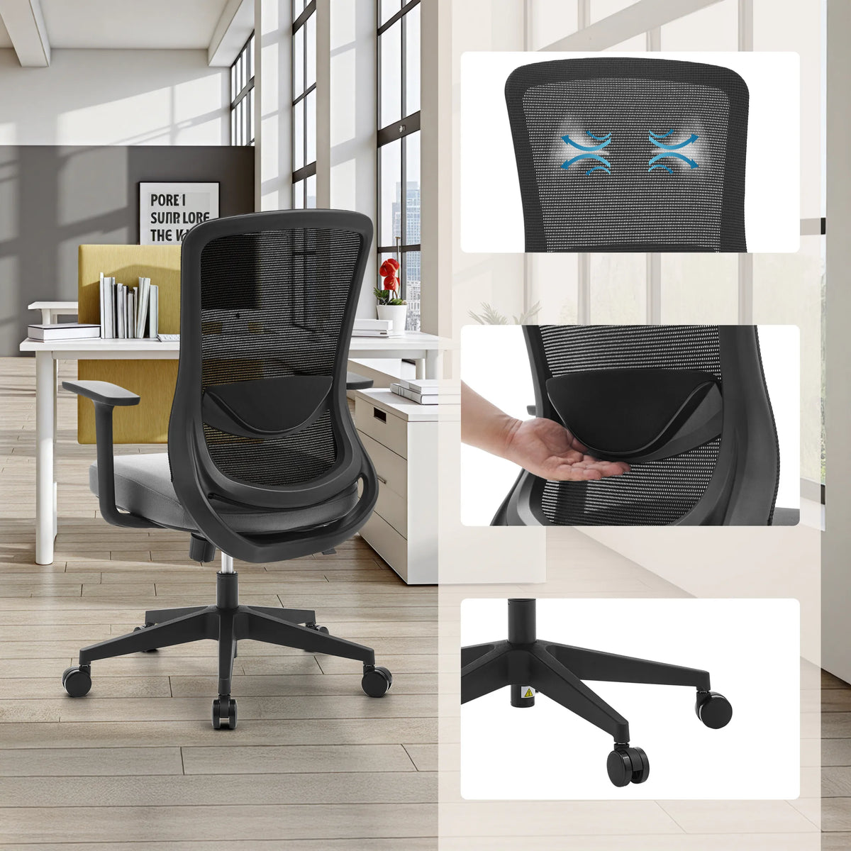 Sort-grå Home Office kontorstol Sedito med netryg, lændestøtte og hjul fra hjh OFFICE
