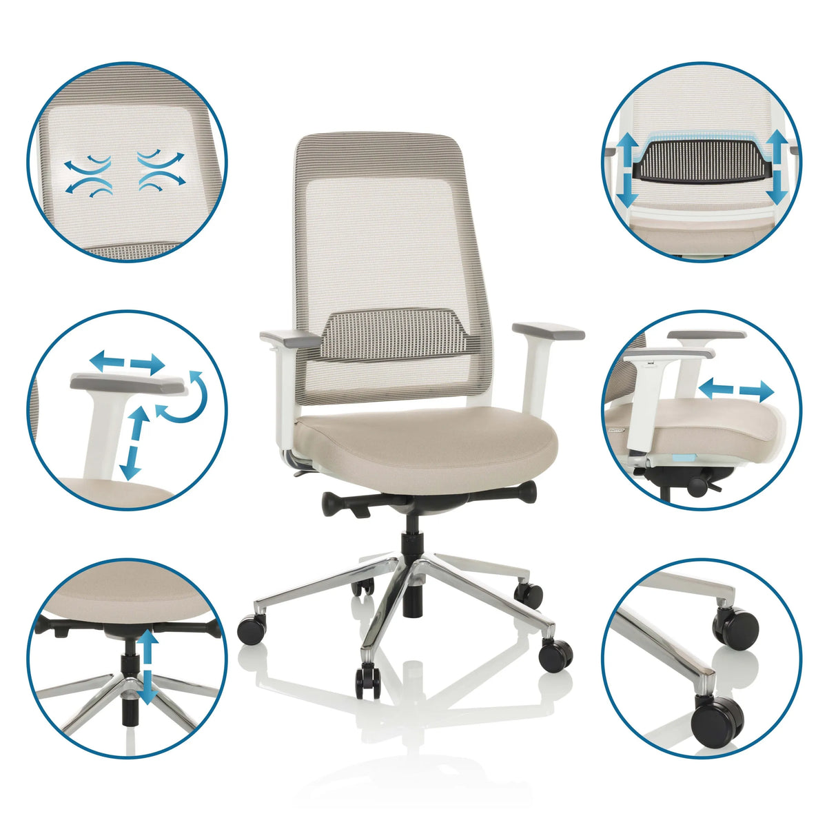 Justerbare funktioner på den professionelle kontorstol CHIARO T2 WHITE i beige og grå fra hjh OFFICE