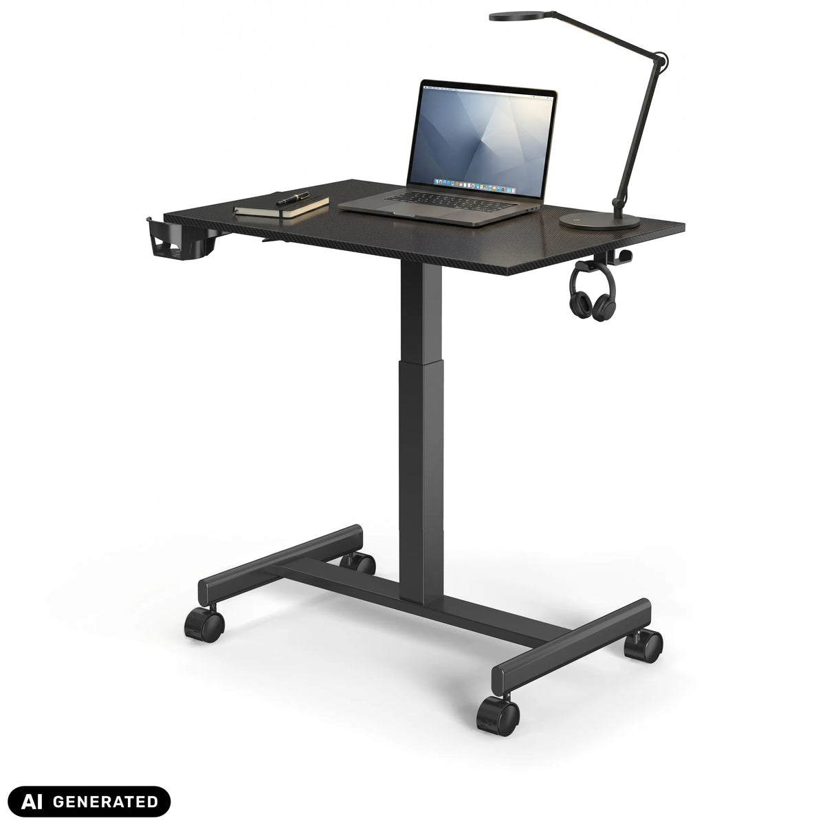 Sort Stand K ståskrivebord på hjul med bærbar computer og skrivebordslampe fra hjh OFFICE (AI-genereret billede)