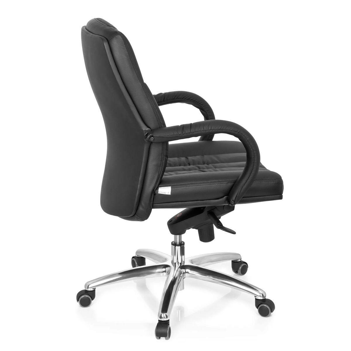 Sort drejestol XXL G 100 med quiltet polstring og femstjernet fodkryds med hjul fra hjh OFFICE – 360-graders visning (sideprofil 100°)