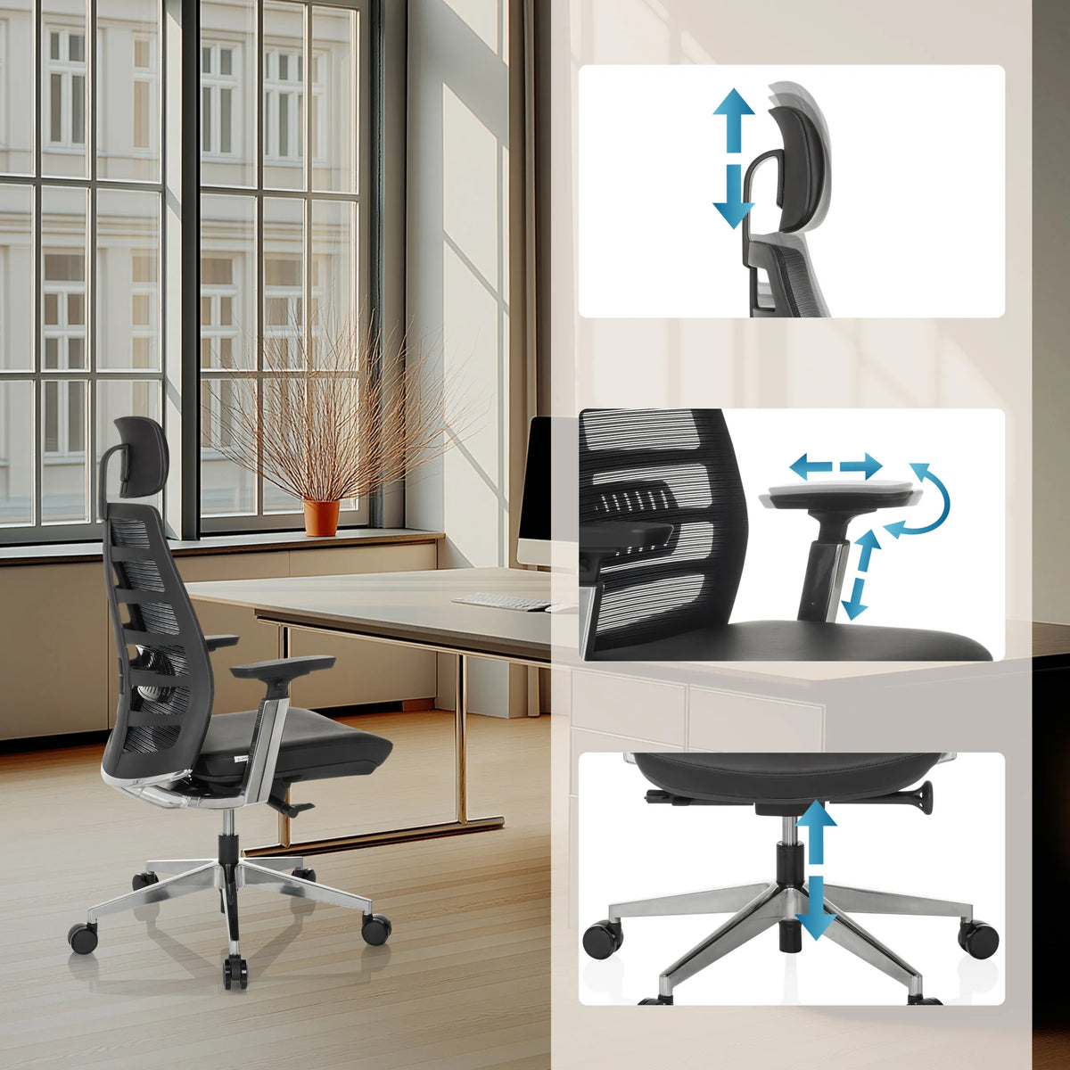 Justerbar nakkestøtte, armlæn og sædehøjde på High End kontorstol SPINIO ELITE L fra hjh OFFICE