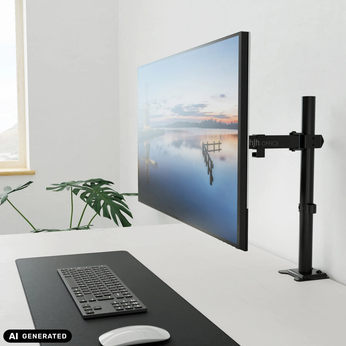 Sort Ergomount M1 skærmholder med en fastgjort skærm på et skrivebord fra hjh OFFICE (AI-genereret billede)