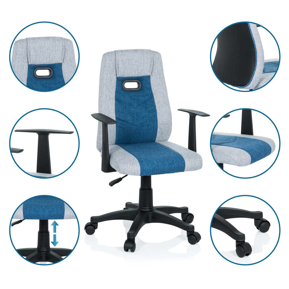 Snurrestol til børn KIDDY EXTRA i grå-blå med detaljevisninger af armlæn, gasfjeder og hjul fra hjh OFFICE