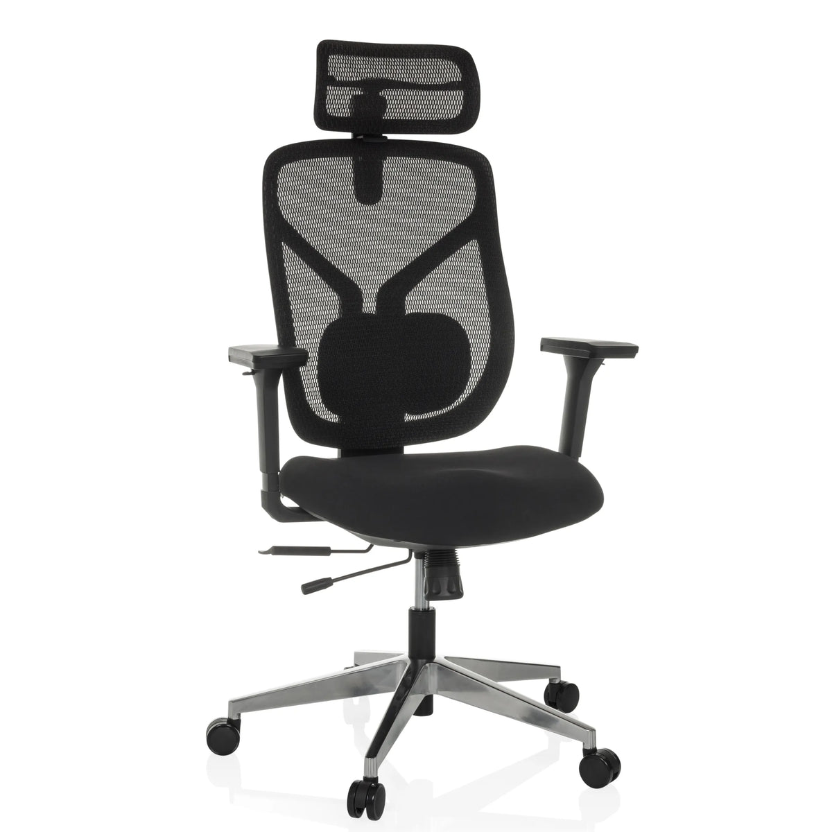 Sort High End kontorstol CASSILIS B med netryg og femhjulet fodkryds fra hjh OFFICE – 360-graders visning (forfra 15°)