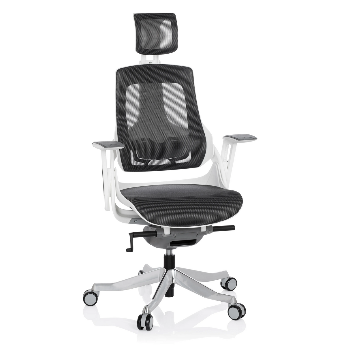 Grauer Profi-Bürostuhl SPEKTRE mit Netzrücken und Fußkreuz mit fünf Rollen von hjh OFFICE – 360-Grad-Ansicht (Frontansicht 20°)