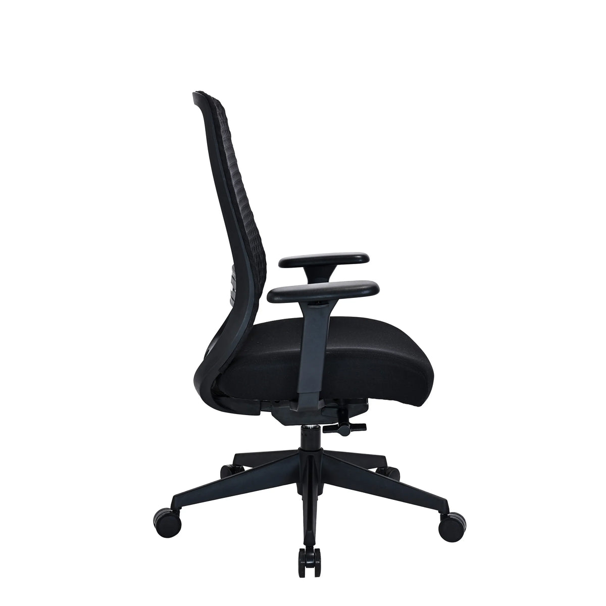 Sidevisning af Professionel kontorstol Verviq i sort med netryglæn og krydsfod med hjul fra hjh OFFICE