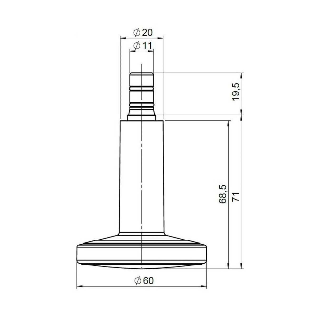Teknisk tegning af Glidere til stoleben STATO-M med en diameter på 60 mm fra hjh OFFICE
