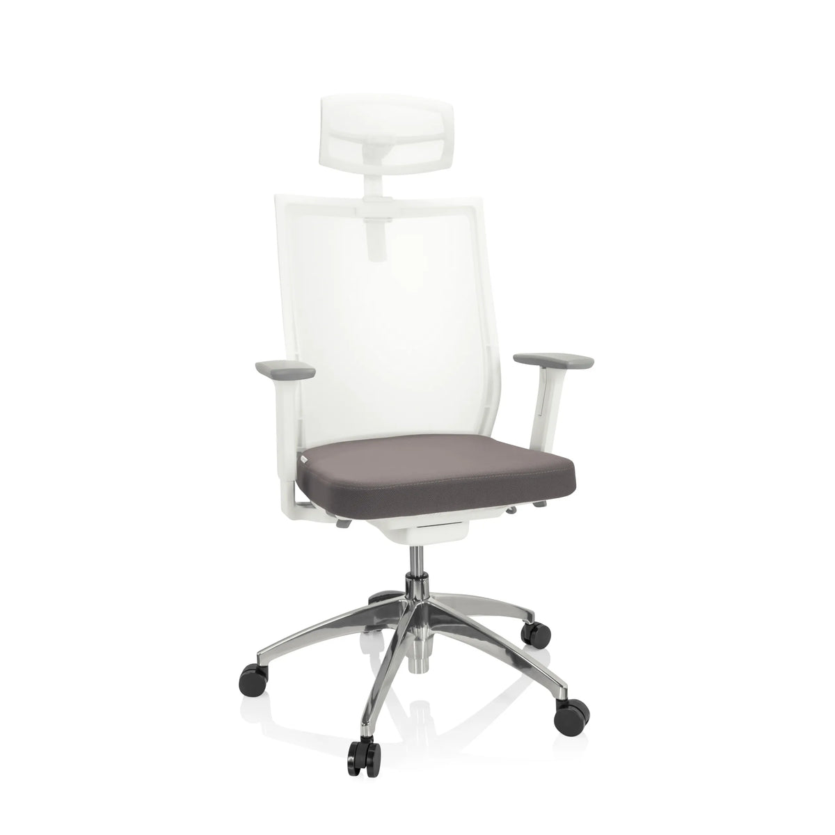Gråhvid Professionel kontorstol ASPEN WHITE PRO med netryg, nakkestøtte og femstjernet fodkryds med hjul fra hjh OFFICE – 360-graders visning (forfra 20°)