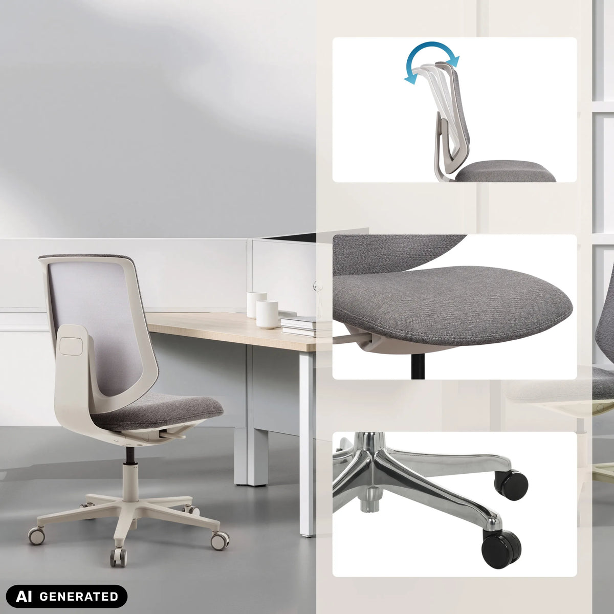 Grå Home Office kontorstol Sitflex Lady med detaljer af ryglæn, sæde og hjul fra hjh OFFICE (AI-genereret billede)