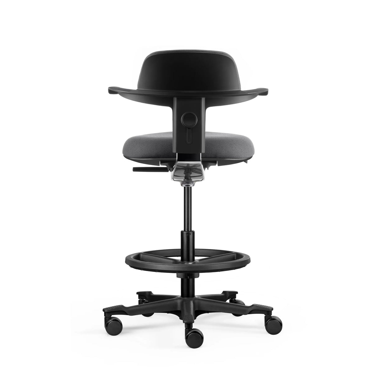 Bagside af den mørkegrå Arbejdsstol TOP WORK 40 med fodring og hjul fra hjh OFFICE