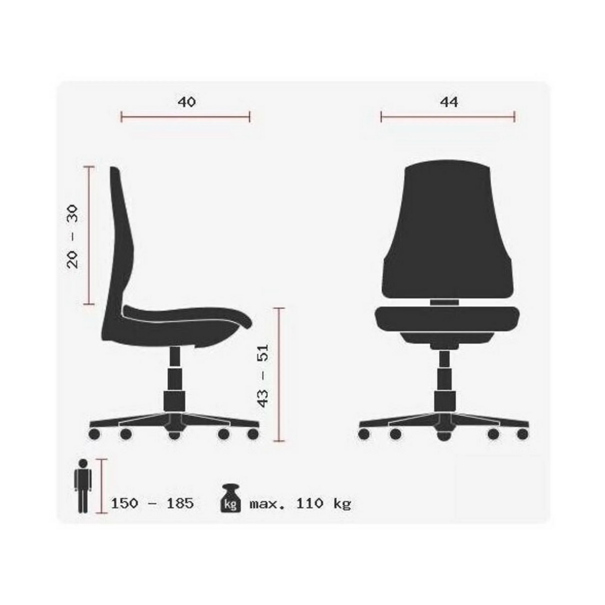 Teknisk tegning af Drejeskammel SITNESS 40 med en maksimal belastning på 110 kg fra Topstar