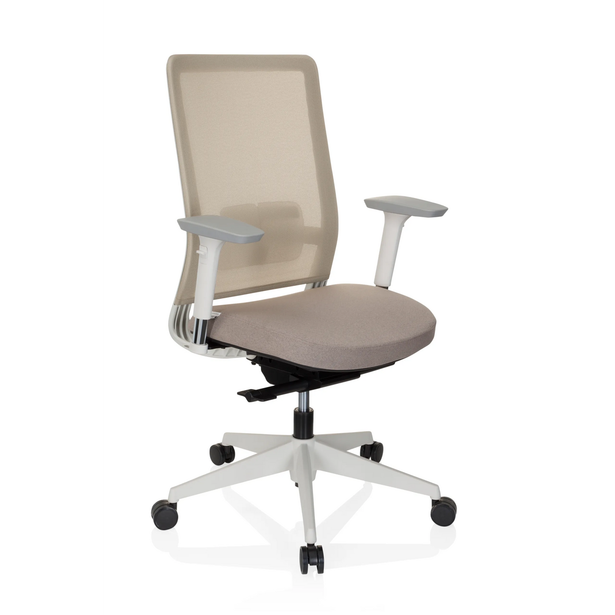 Beige Professionel kontorstol PURE WHITE med netryg og femhjulet fodkryds fra hjh OFFICE – 360-graders visning (skråt forfra 40°)