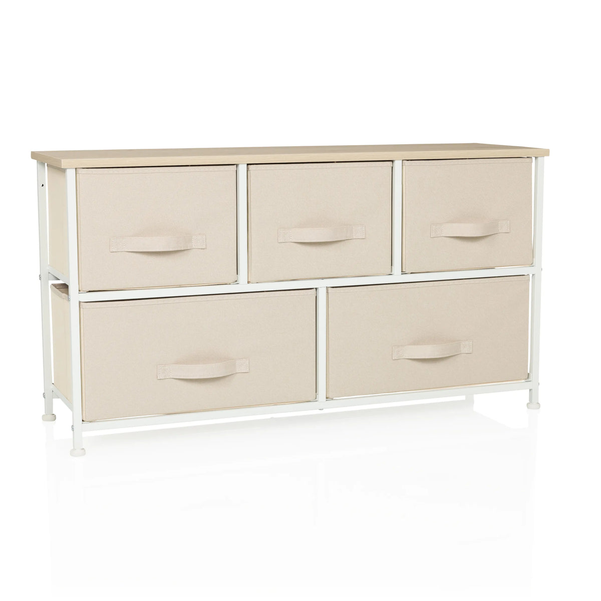 Beige Kommode FOLDAR med fem stofskuffer og hvidt stel fra hjh LIVING – 360-graders visning (forfra 15°)