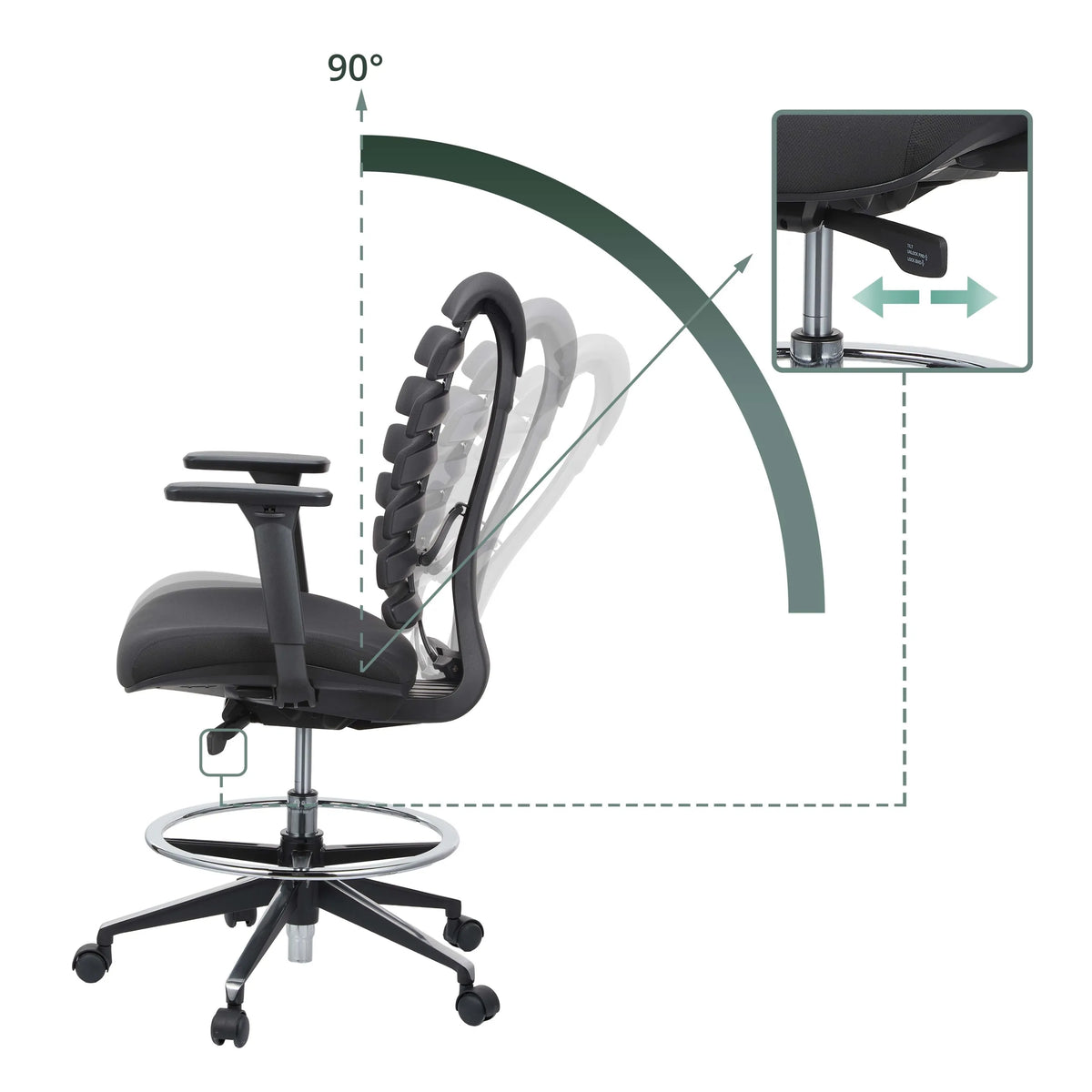 Neigemechanismus mit 90°-Verstellung und Bedienhebel des Counterstuhls ERGO LINE II WORK von hjh OFFICE