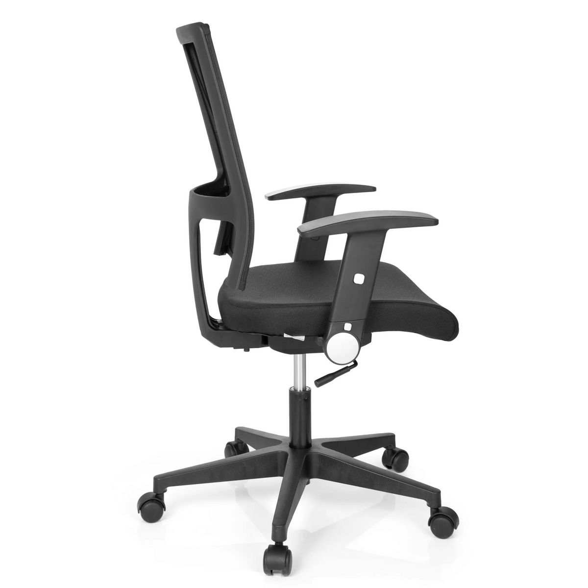 Sort Home Office kontorstol OFFICE R8 med netryg og femhjulet fodkryds fra hjh OFFICE – 360-graders visning (sideprofil 100°)