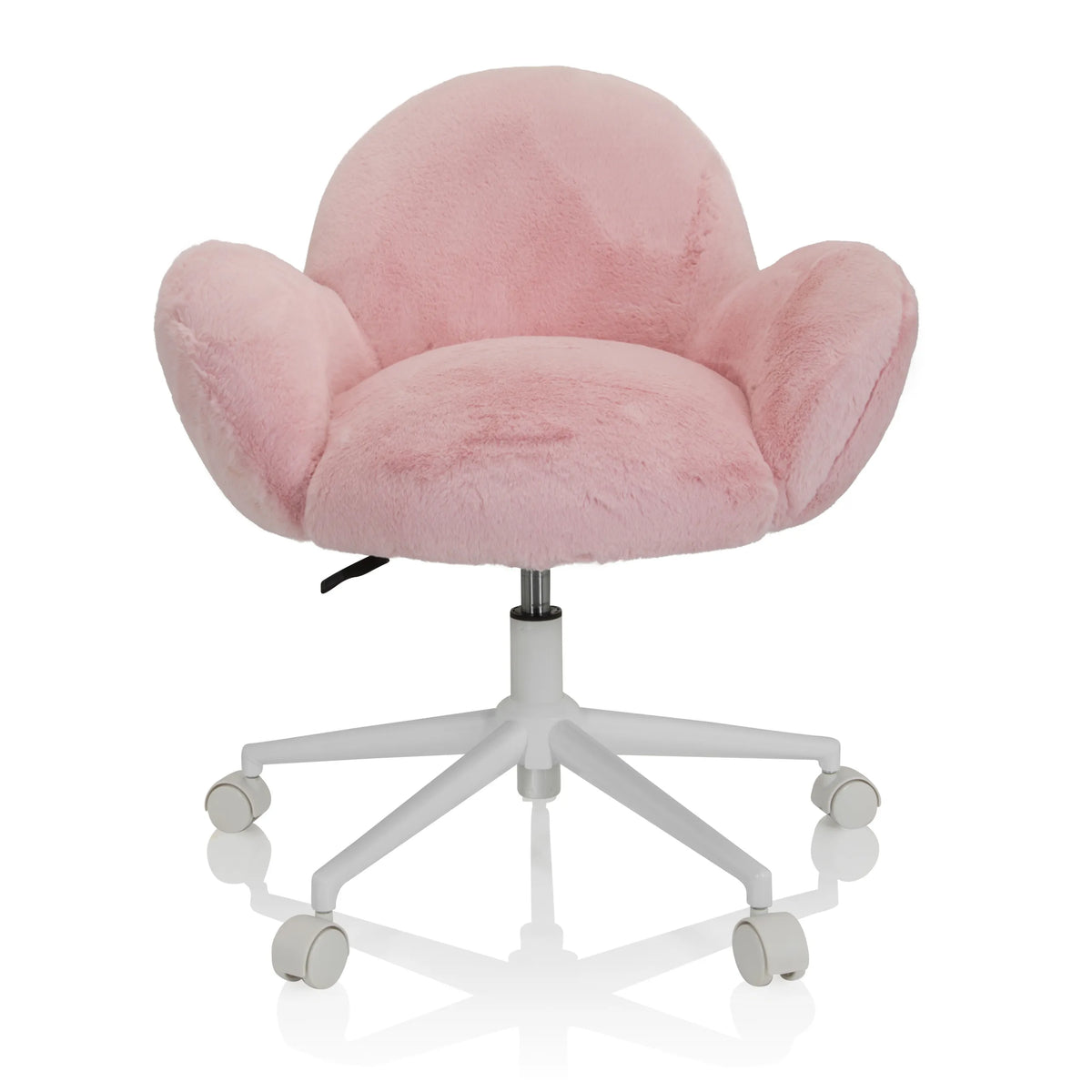 Rosa Kinderdrehstuhl KID TEDDY mit flauschigem Bezug und weißem Fußkreuz mit fünf Rollen von hjh OFFICE – 360-Grad-Ansicht (Frontansicht 0°)
