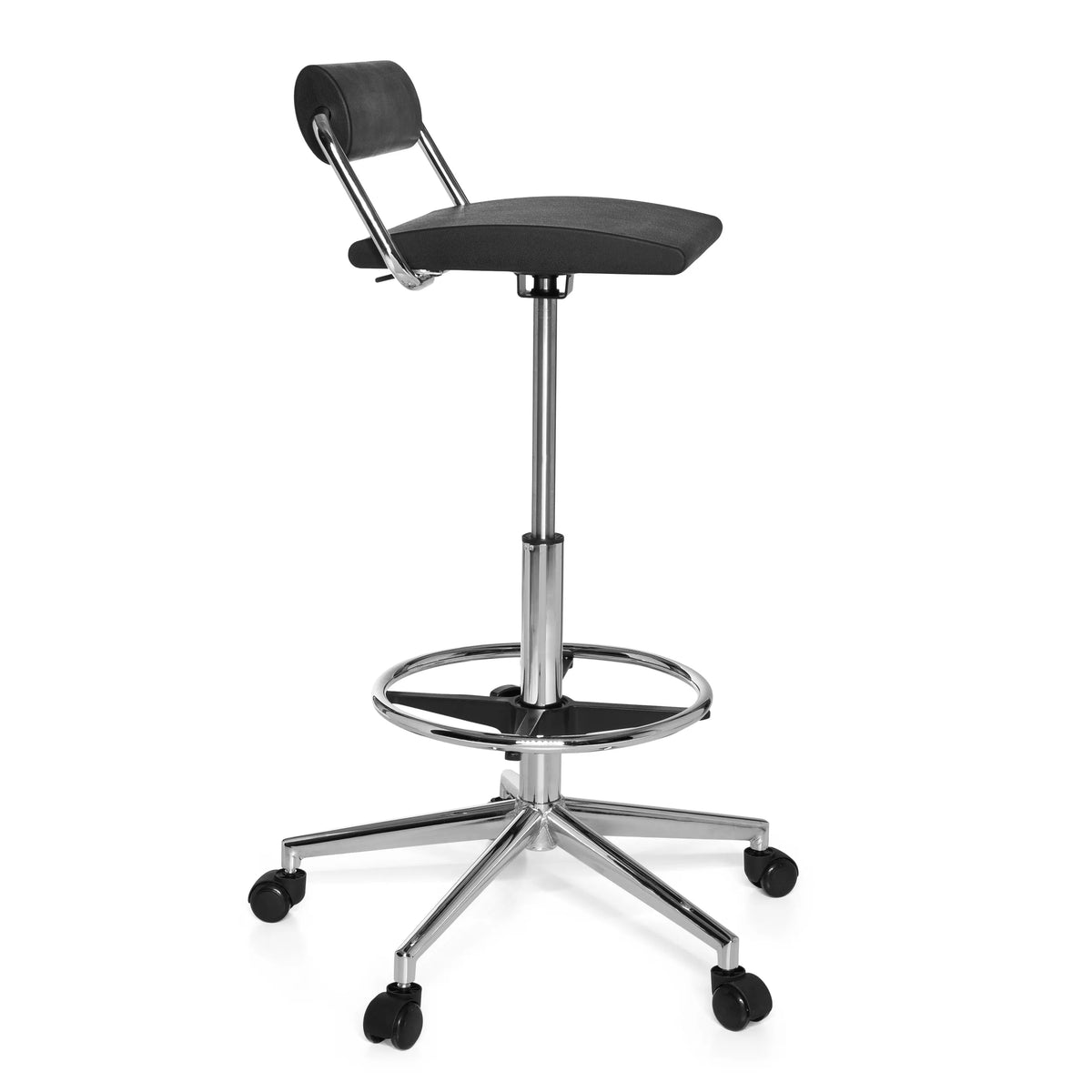 Sort Drejeskammel TOP WORK 28 med fodring og femhjulet fodkryds fra hjh OFFICE – 360-graders visning (sideprofil 80°)