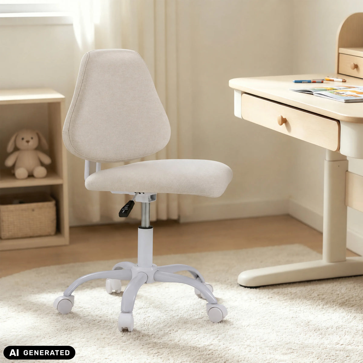 Beige drejestol til børn Lumikid med hjul og gaslift fra hjh OFFICE (AI-genereret billede)