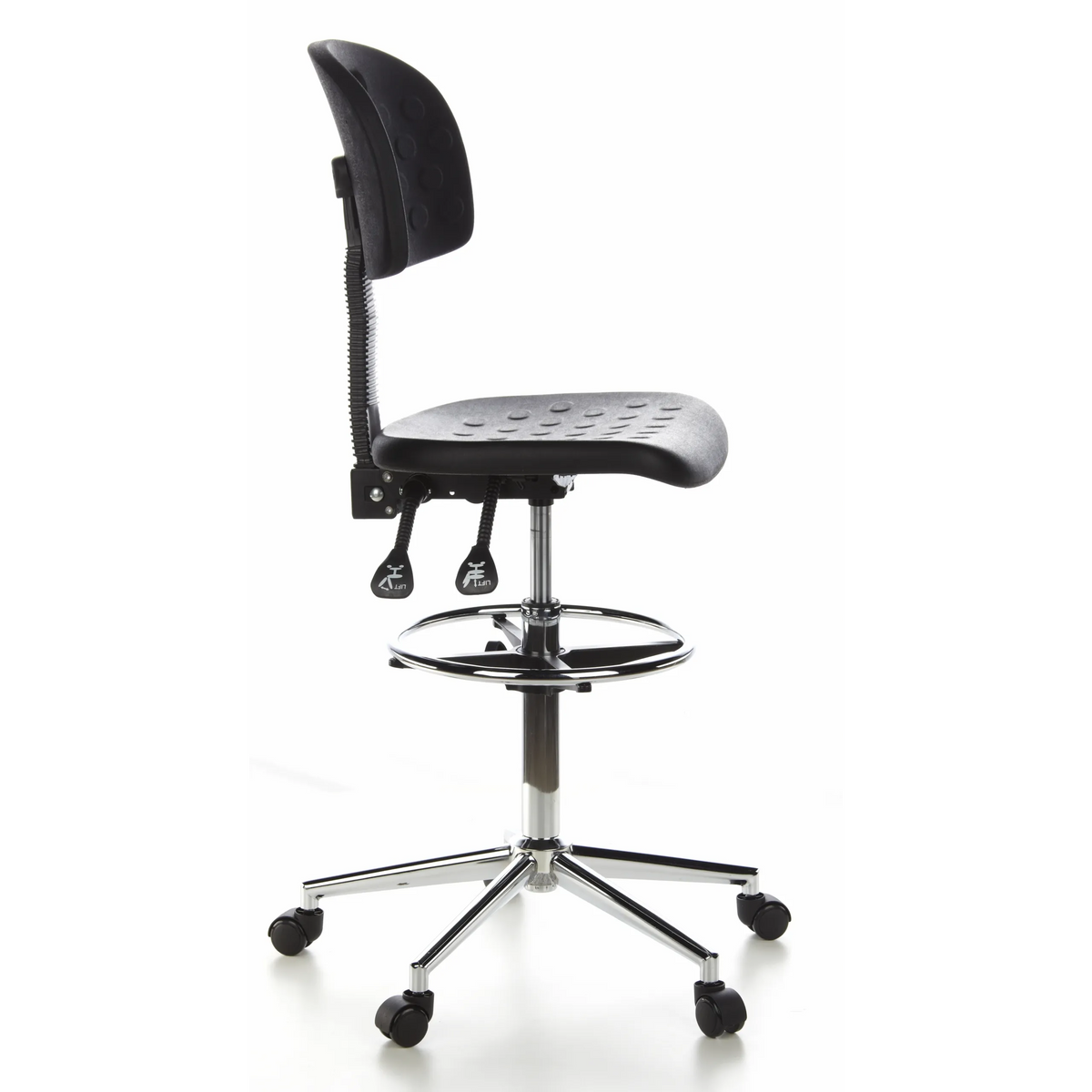 Sort Diskstol TOP WORK 23 med fodring og femstjernet fodkryds med hjul fra hjh OFFICE – 360-graders visning (sideprofil 80°)