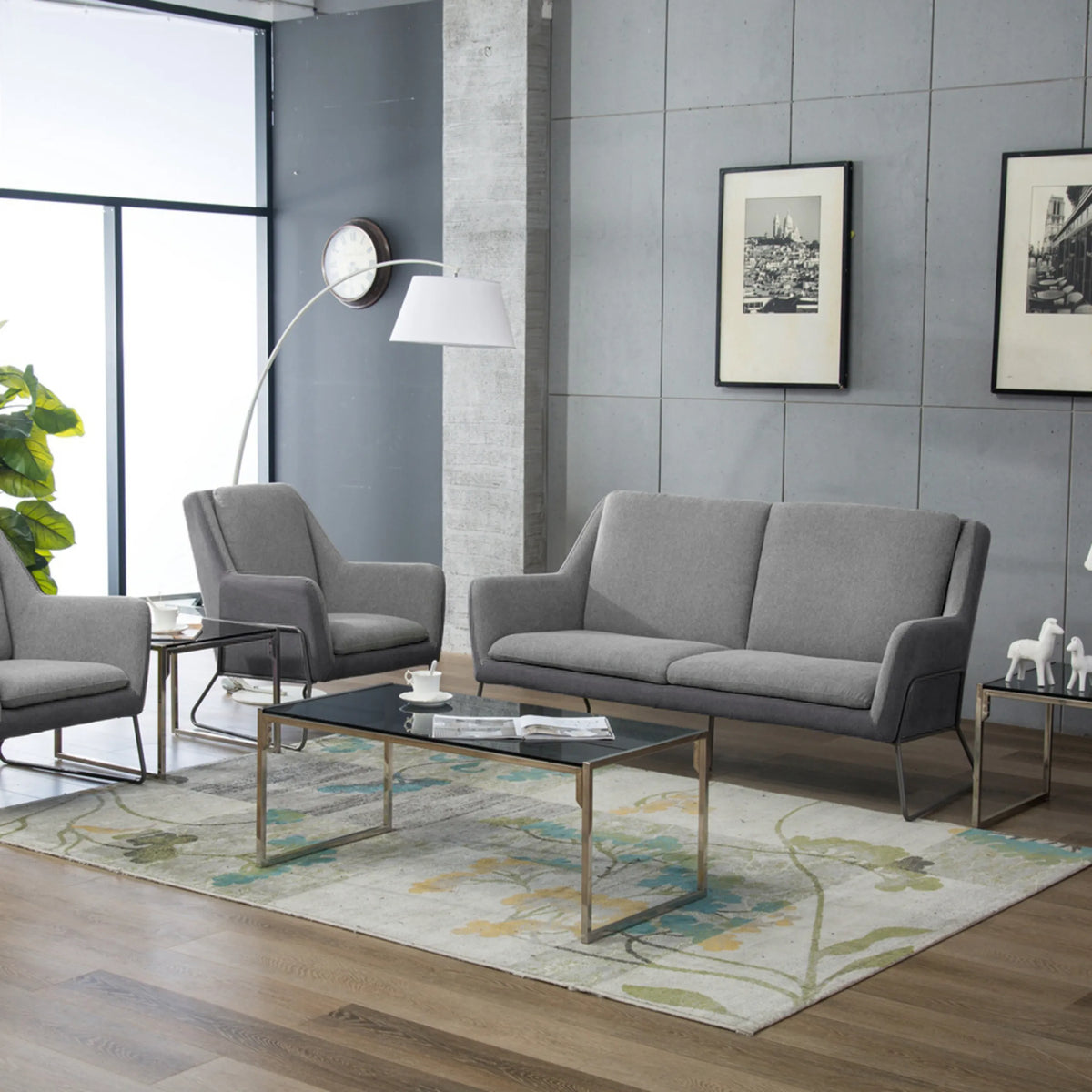Hellgraues Loungesofa LAGUN als Drei-Sitzer mit schlanken Metallfüßen von hjh OFFICE