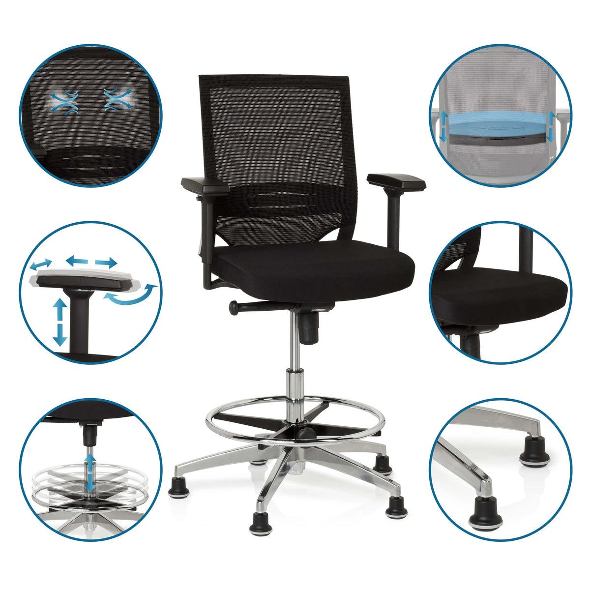Sort diskstol TOP WORK 77 med netryg, fodring og glidere fra hjh OFFICE
