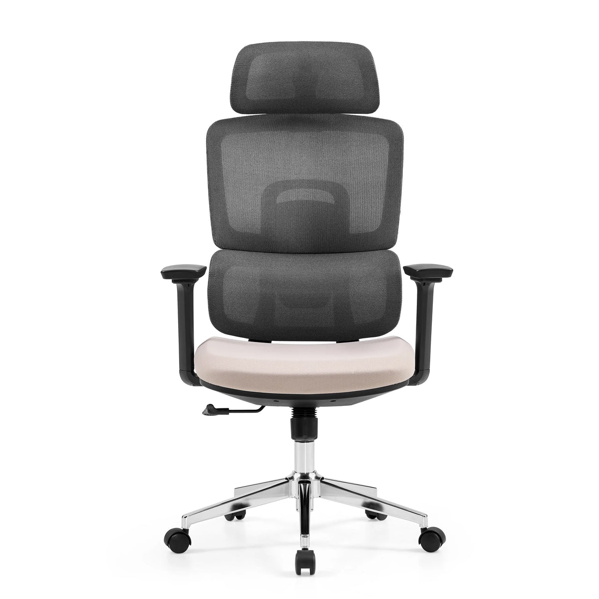 Mørkegrå professionel kontorstol Ergomy Pro med beige sæde, netryglæn og femhjulet fodkryds fra hjh OFFICE – 360-graders visning (forfra 0°)