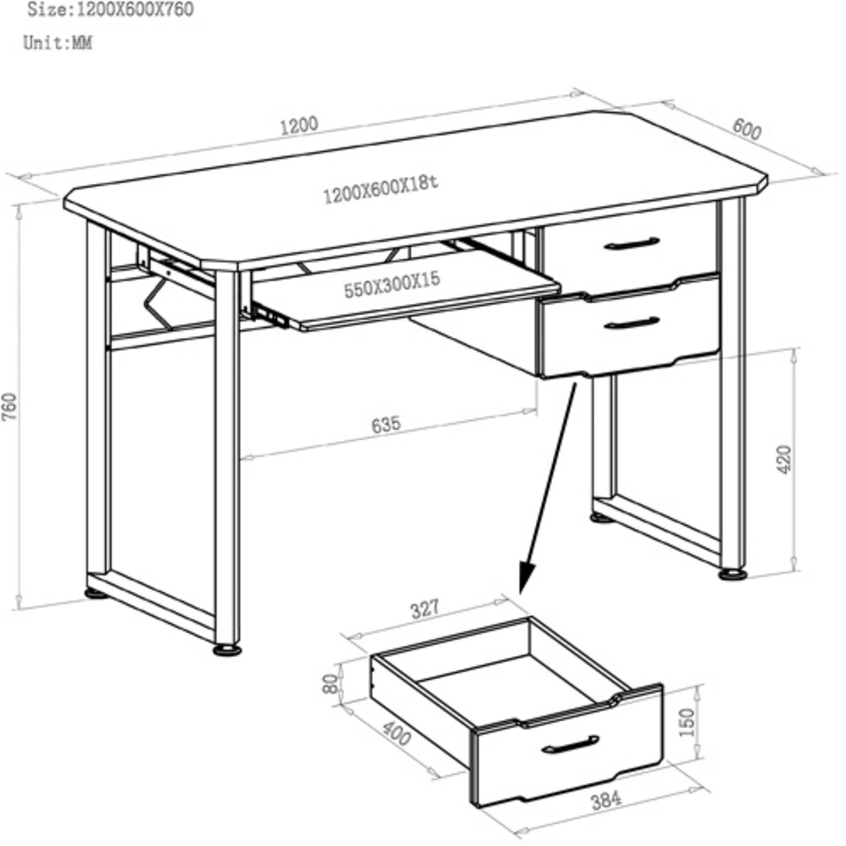 Teknisk tegning af Skrivebord WORKFLOW med 120 x 60 cm og tastaturbakke fra hjh OFFICE