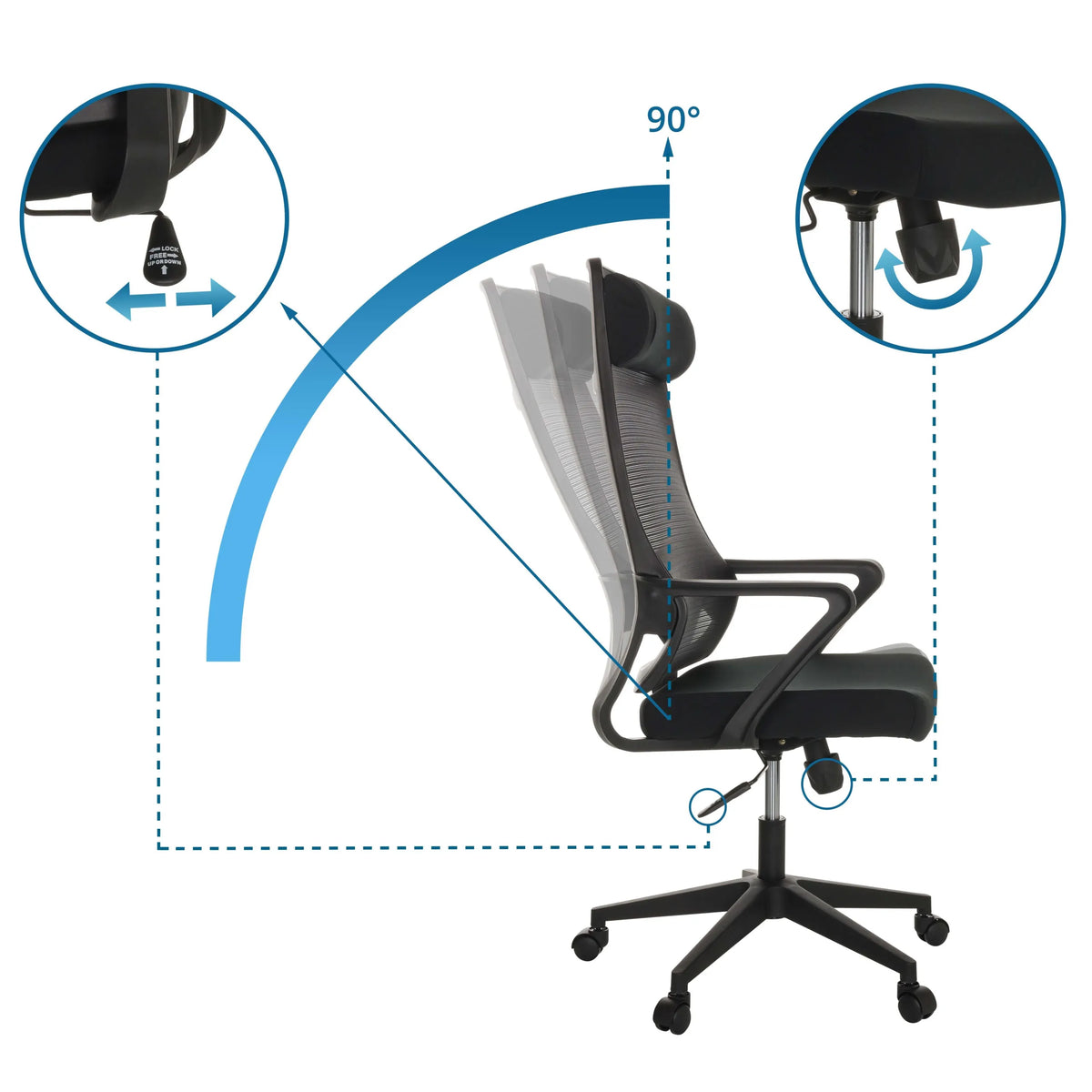 Justerbar rygstøtte og mekanisme på NEKEO Home Office kontorstol med 90° hældningsvinkel fra hjh OFFICE