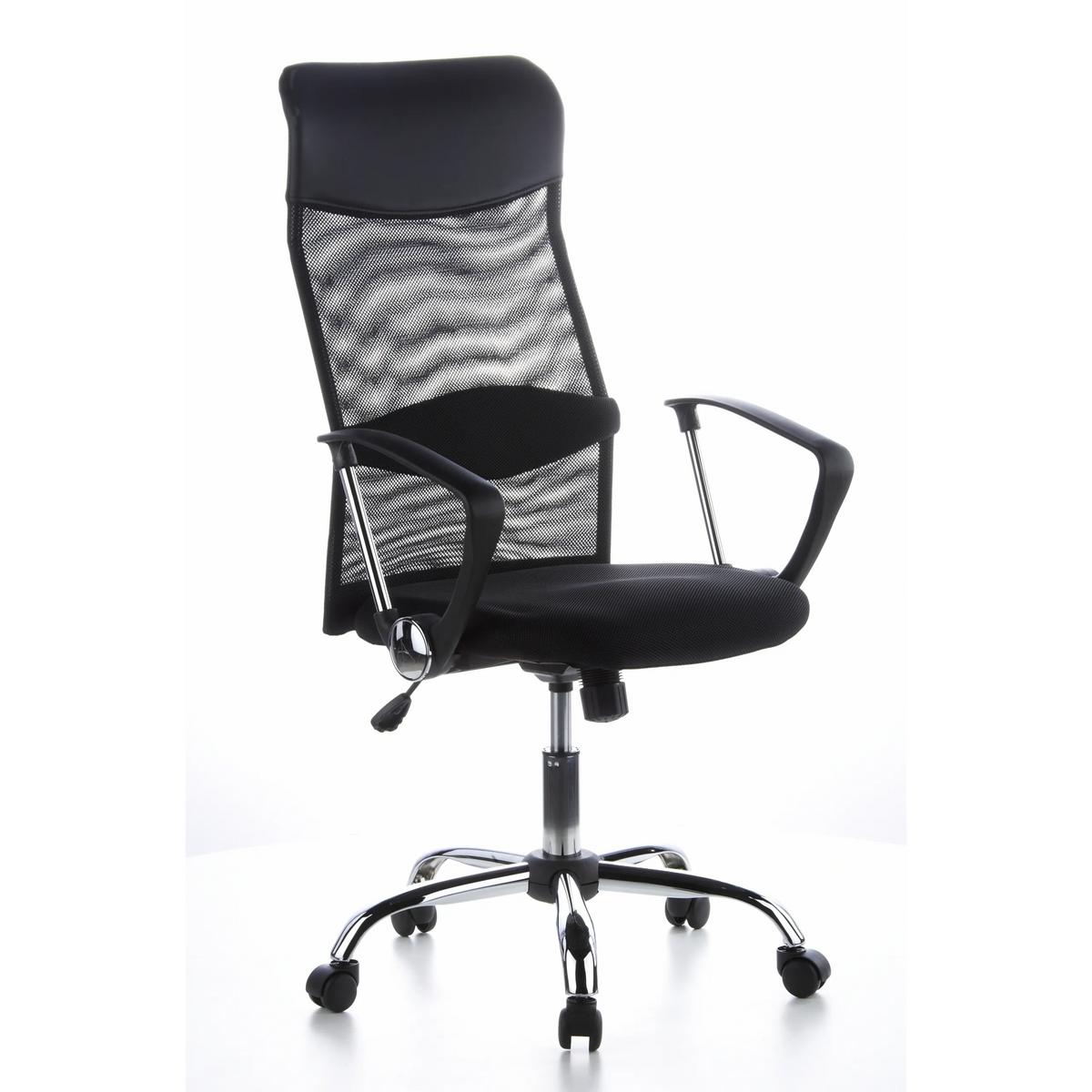 Sort Home Office chefstol ARIA HIGH med netryg og femhjulet fodkryds fra hjh OFFICE – 360-graders visning (skråt forfra 40°)
