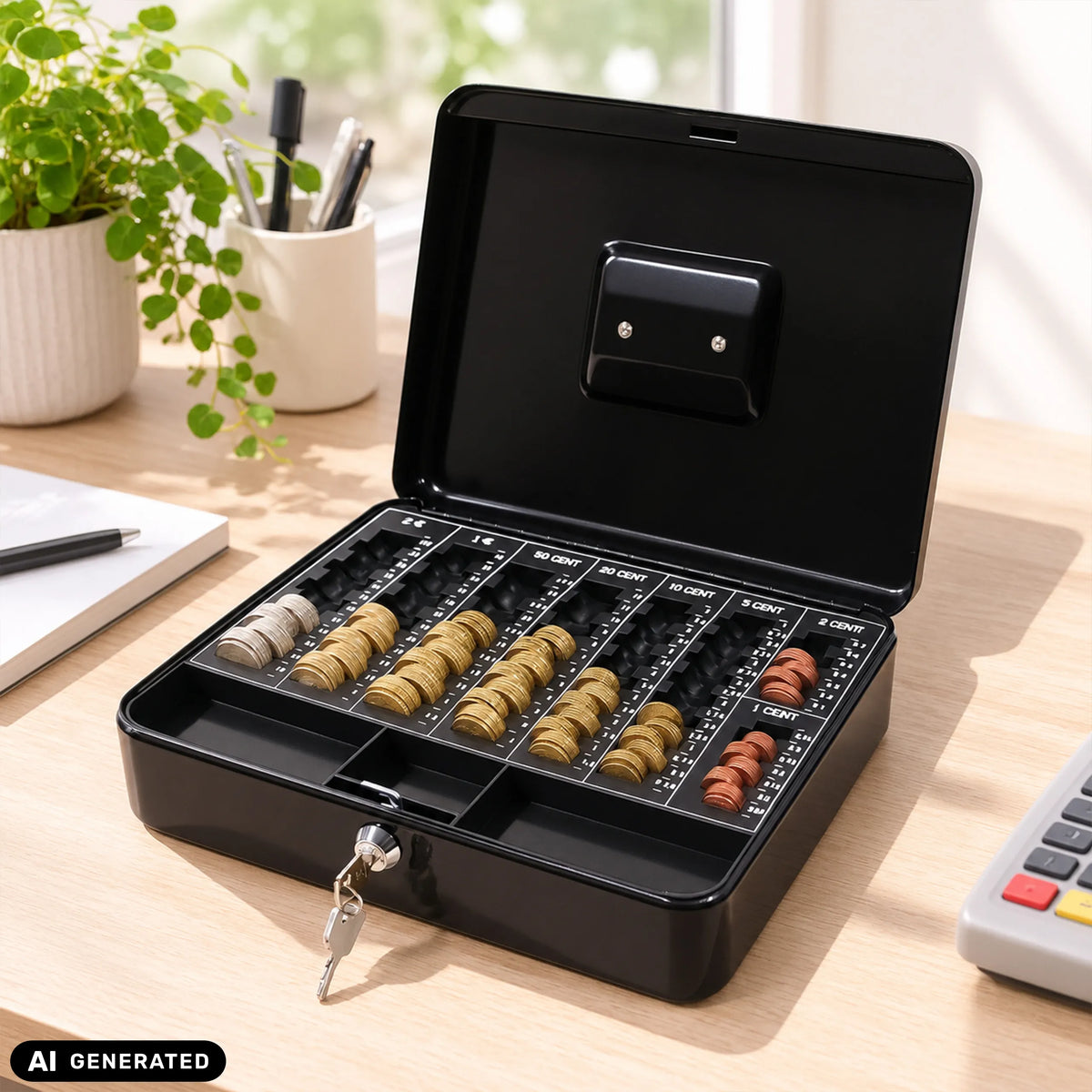 Sort SAFE pengekasse med møntrum, lås og to nøgler fra hjh OFFICE (AI-genereret billede)