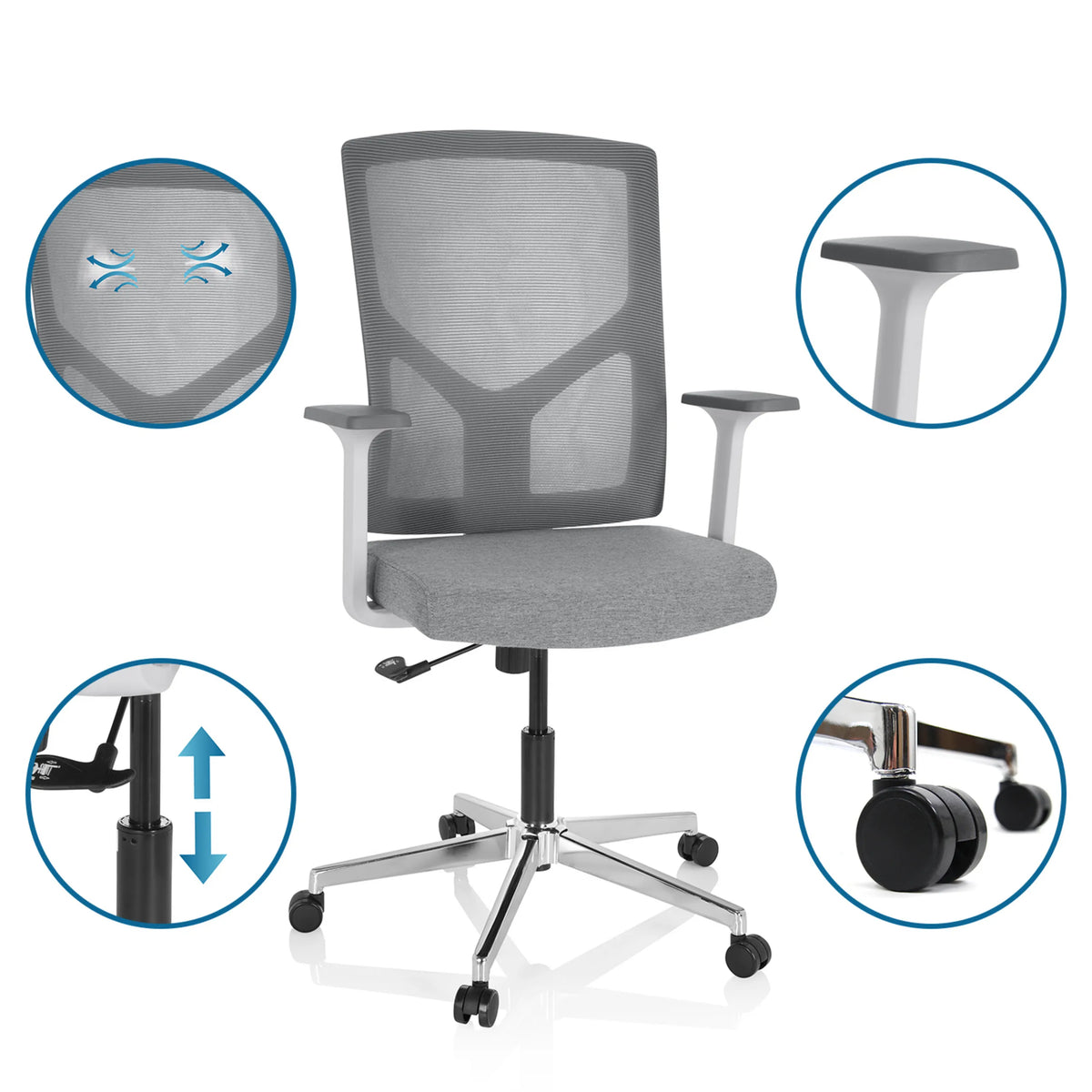 Grå Home Office kontorstol BRETON BASE W med mesh-ryglæn, armlæn og hjul fra hjh OFFICE