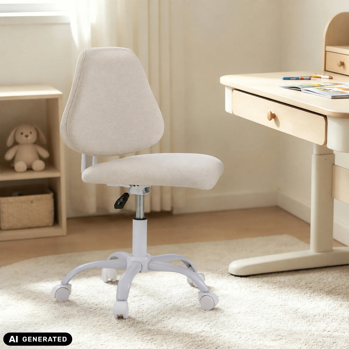 Beige drejestol til børn Lumikid med hjul og gaslift fra hjh OFFICE (AI-genereret billede)