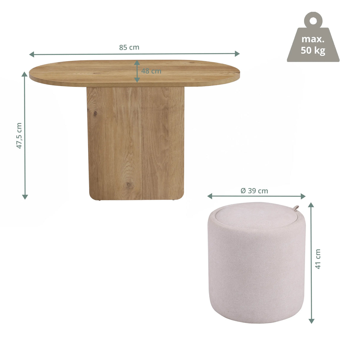 Måltegning af Nestup sidebord med en diameter på 85 cm og en højde på 47,5 cm fra hjh LIVING