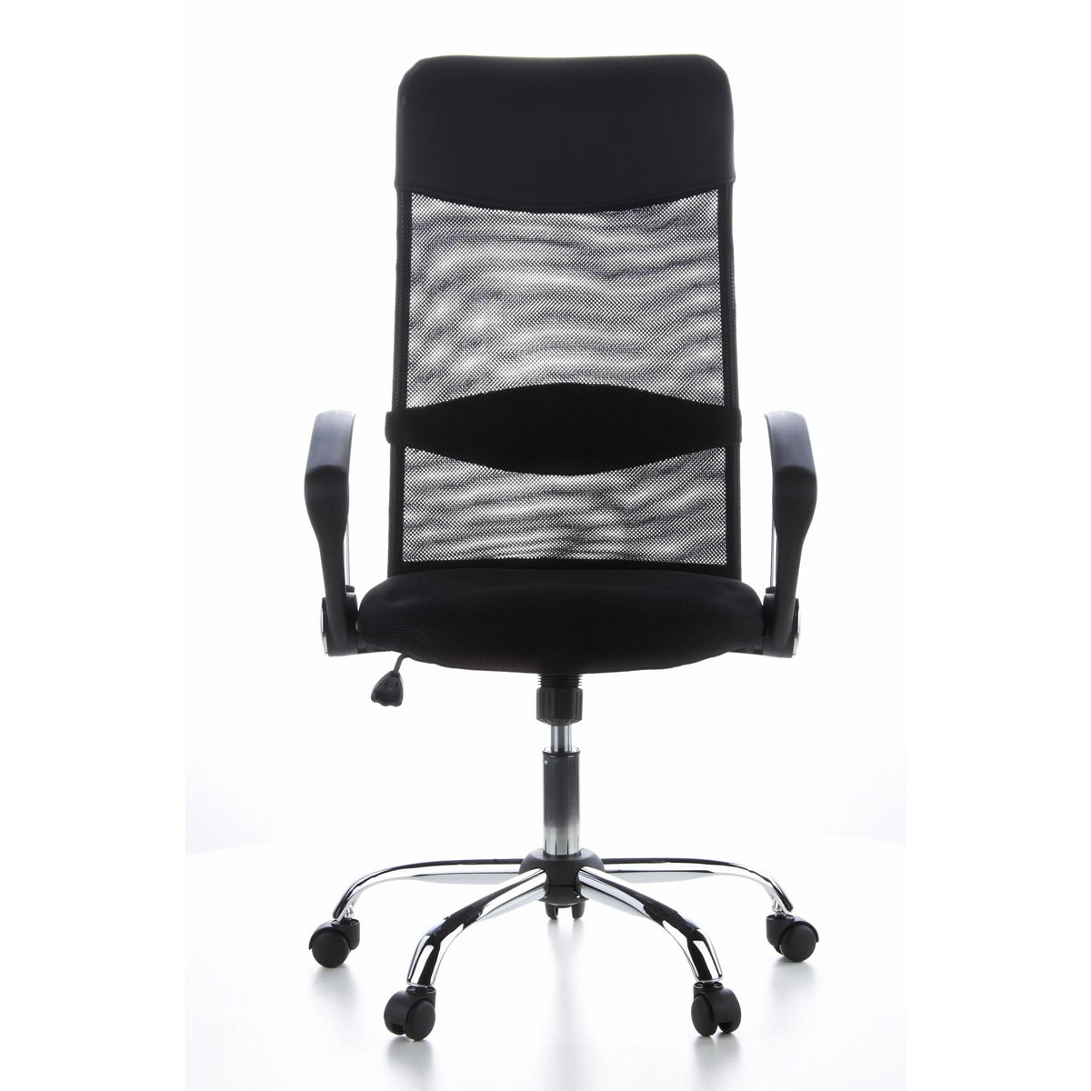 Sort Home Office chefstol ARIA HIGH med netryg og femhjulet fodkryds fra hjh OFFICE – 360-graders visning (forfra 0°)