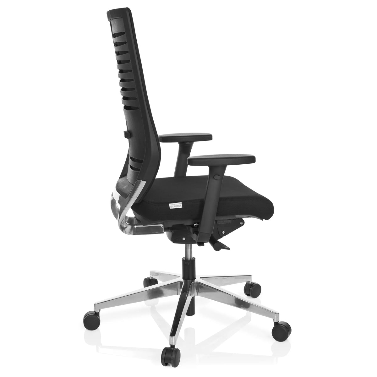 Sort Professionel kontorstol PRO-TEC 700 med armlæn og blankt femstjernet fodkryds med hjul fra hjh OFFICE – 360-graders visning (sideprofil 100°)