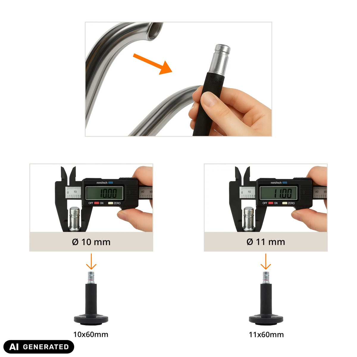 Messung des Stuhlgleiters STATO-M in den Varianten 10 mm und 11 mm Durchmesser von hjh OFFICE (KI-generiertes Bild)