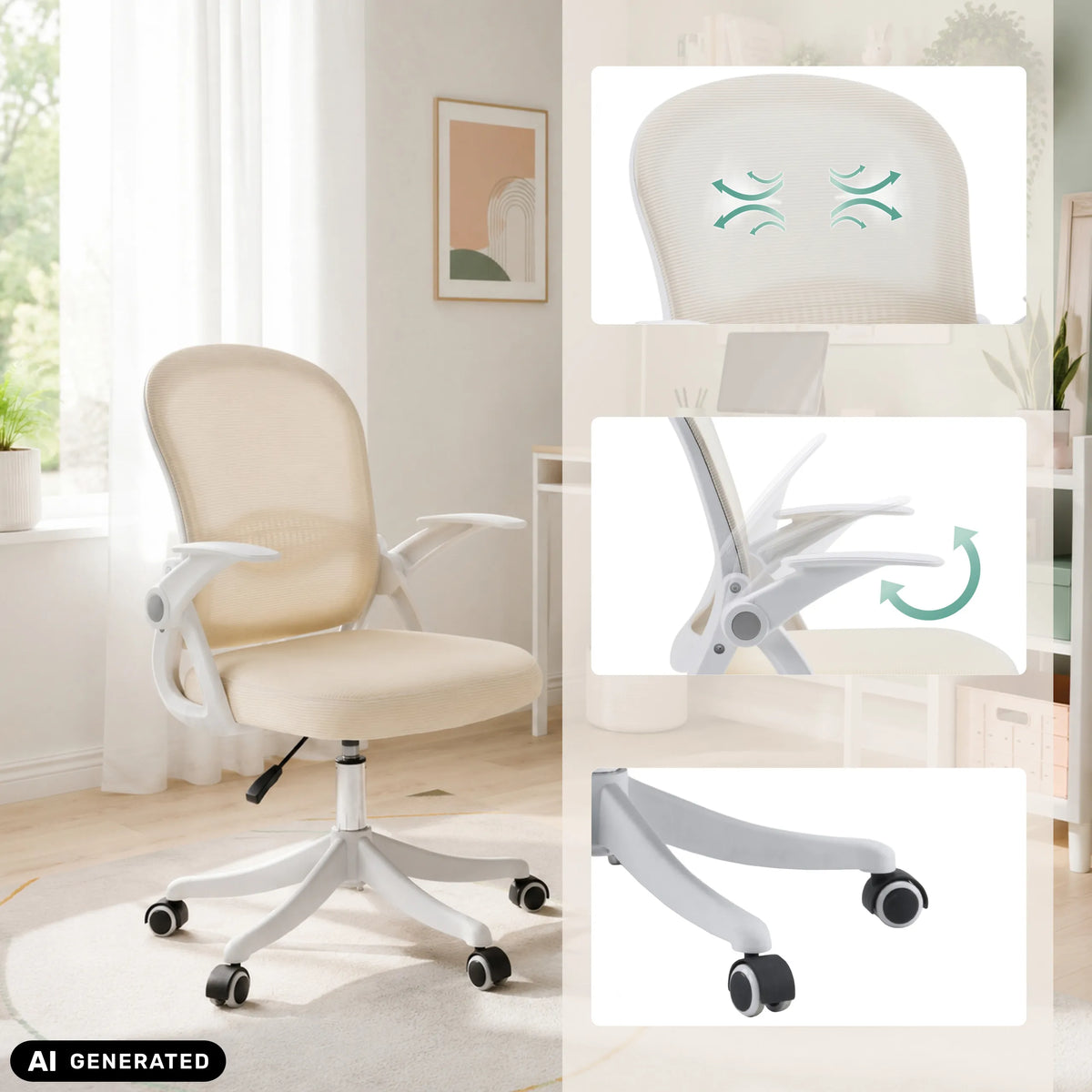 Beige Naluro Home Office kontorstol med åndbart ryglæn og hjulkryds fra hjh OFFICE (AI-genereret billede)