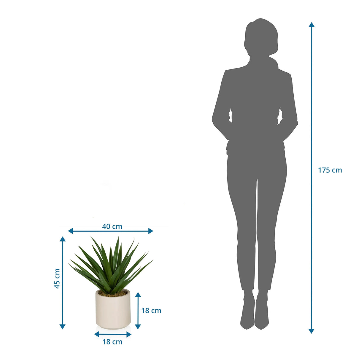 Måltegning af den Kunstige plante Agave med 45 cm højde og 40 cm bredde fra hjh OFFICE