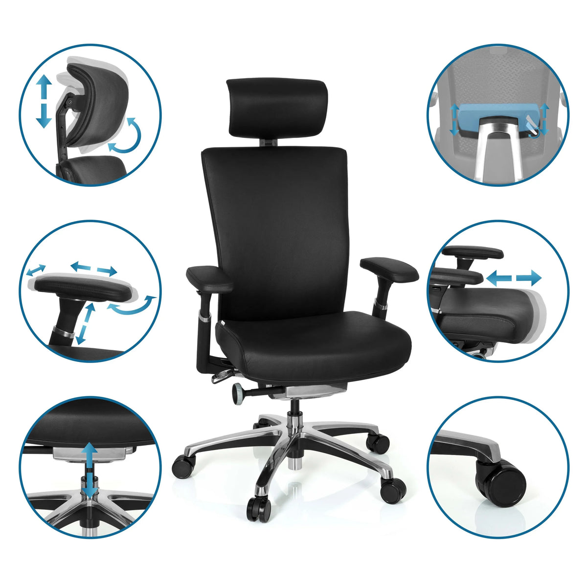 Verstellbare Funktionen des schwarzen Leder-Profi-Bürostuhls NOVA von hjh OFFICE